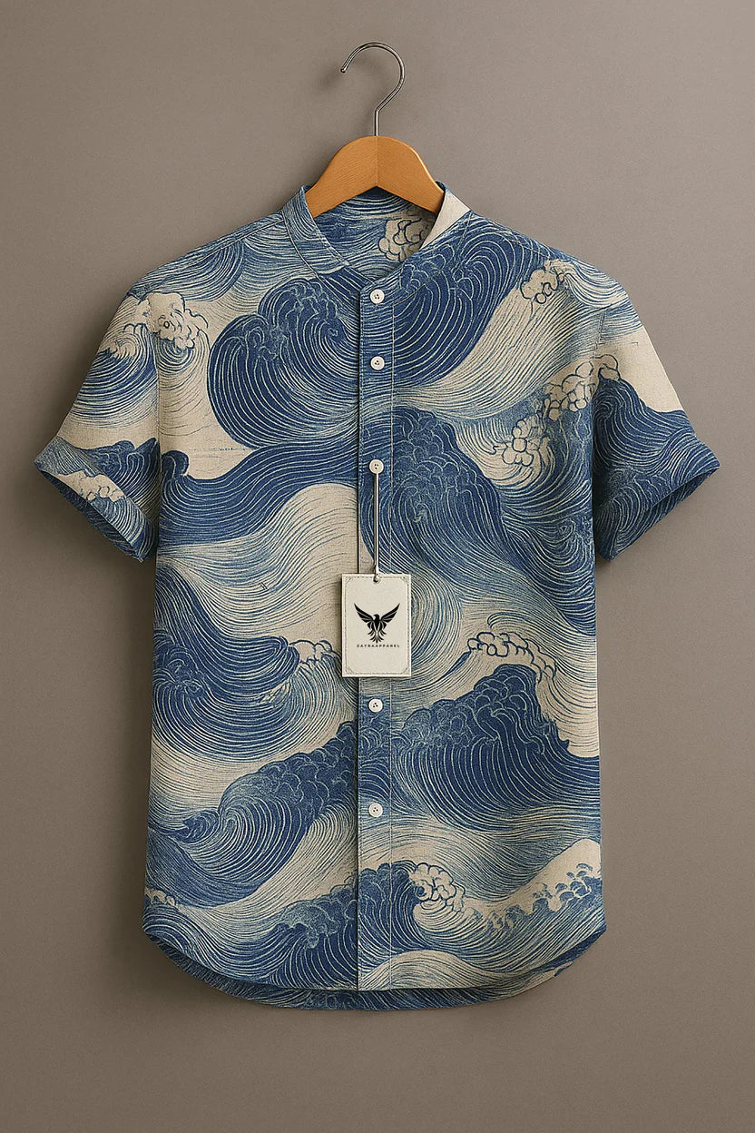Blue-green gradient Vintage Print Casual 100% Cotton Shirt