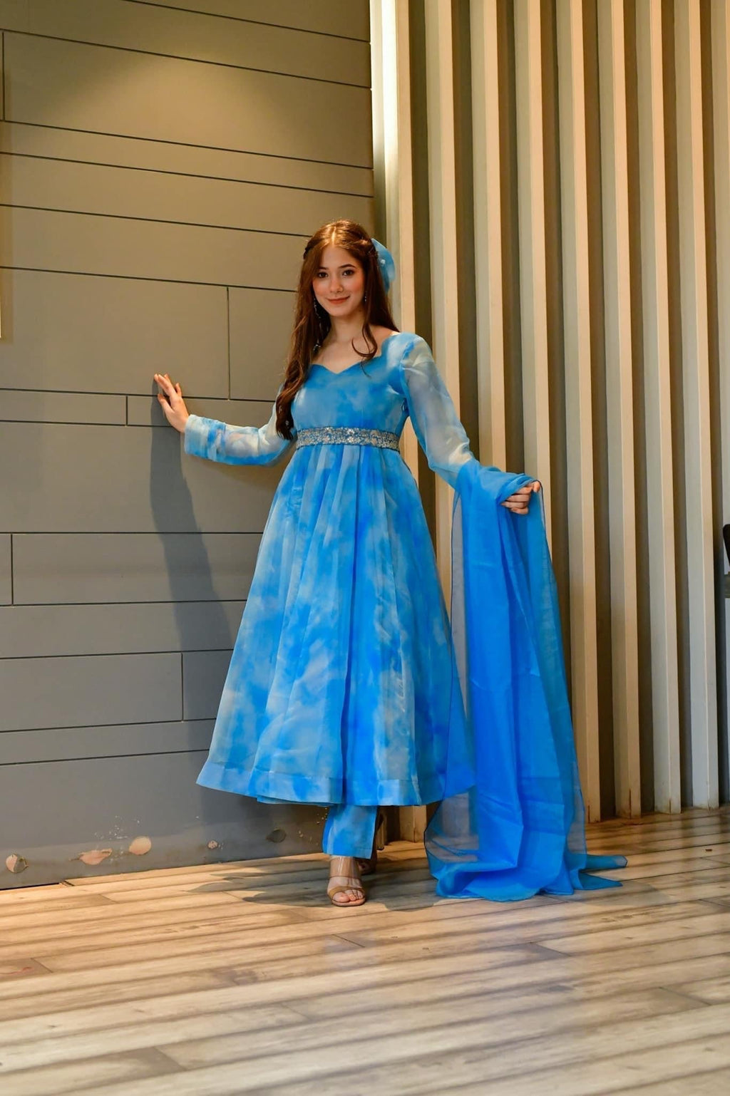 blue marble printed organza suit set